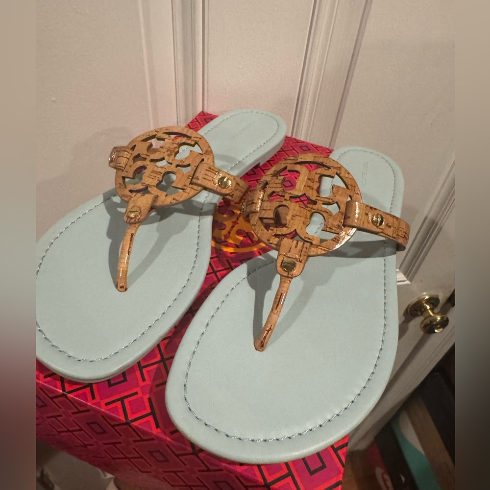 Tory Burch Cork and Light Blue Sandals